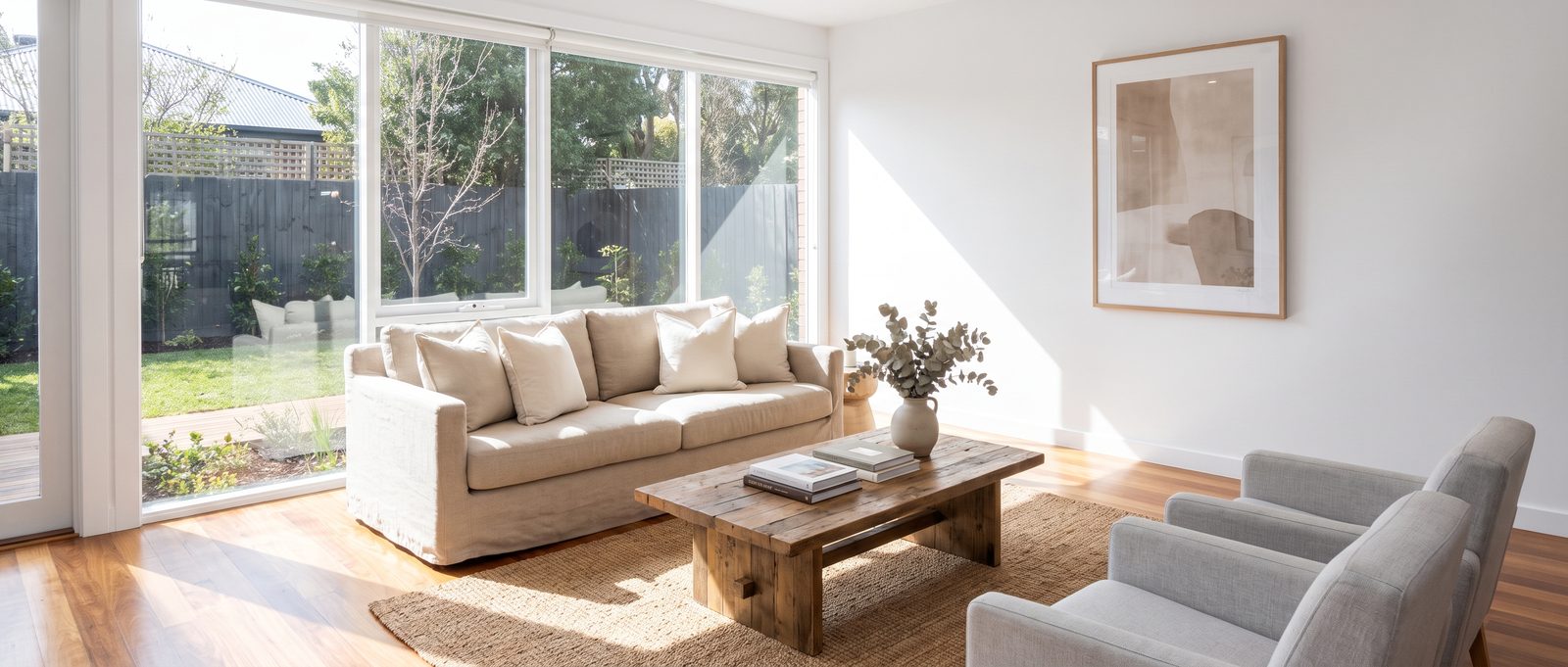 Freshly cleaned living room with folded towels and cleaning supplies